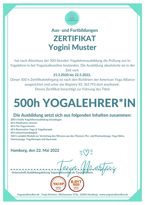 Zertifikat über qualifiziertes Yogateachertraining